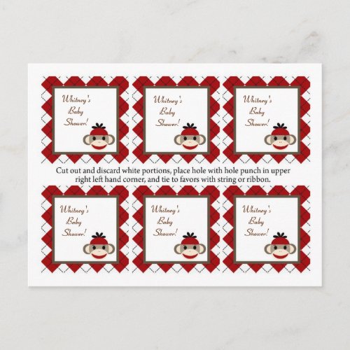 6 Favor Tags Red Sock Monkey Argyle Invitation Postcard