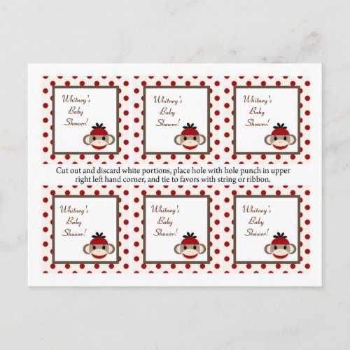 6 Favor Tags Red Sock Monkey Invitation Postcard