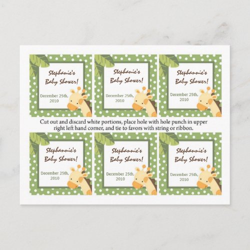 6 Favor Tags Safari Jungle Giraffe Green Invitation Postcard