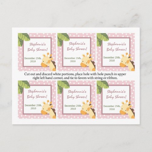 6 Favor Tags Safari Jungle Giraffe Pink Invitation Postcard