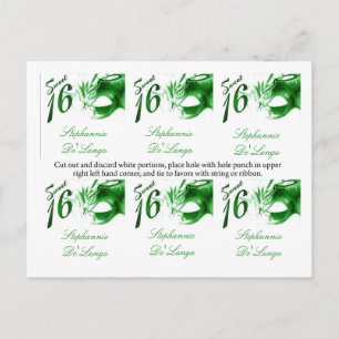 6 Favor Tags Sweet 16 Green Party Mask Invitation Postcard