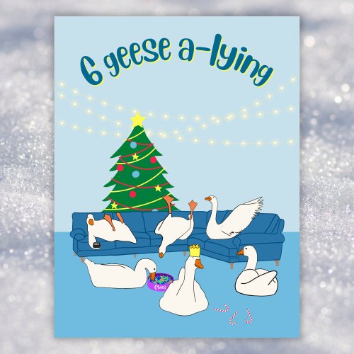 6 geese a_lying funny cartoon animals Christmas Holiday Postcard