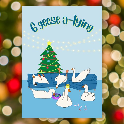 6 geese a_lying funny cartoon birds Christmas Holiday Card