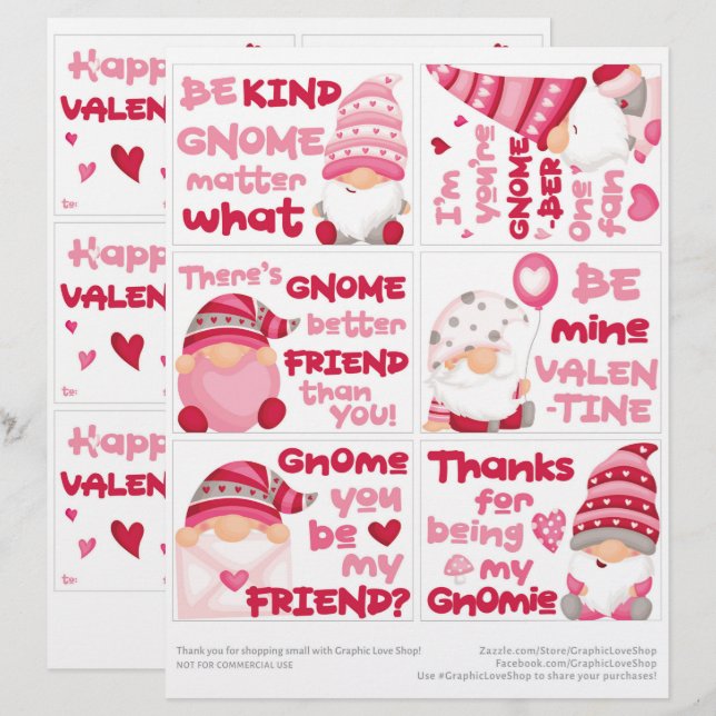 6 Gnome Kids Classroom Valentine's Day Cards (Front/Back)