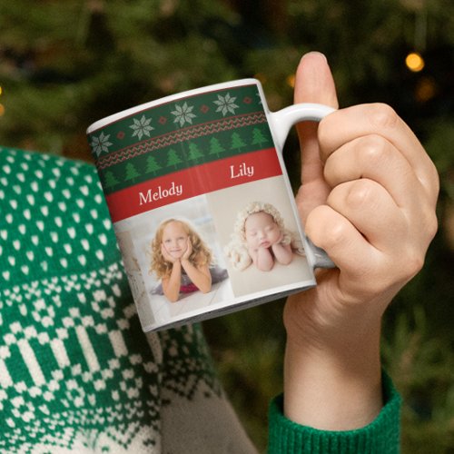 6 Grandchildren Photo Red Green Christmas Tree Coffee Mug