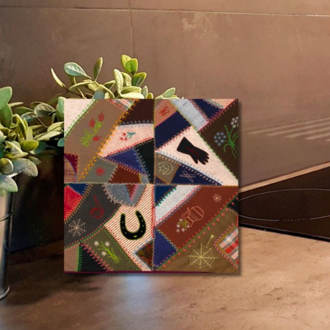 6" Lucky Horseshoe Vintage Patchwork Crazy Quilt Ceramic Tile (Add warmth and whimsy to your tiled space with this elegant vintage patchwork quilt tile!)