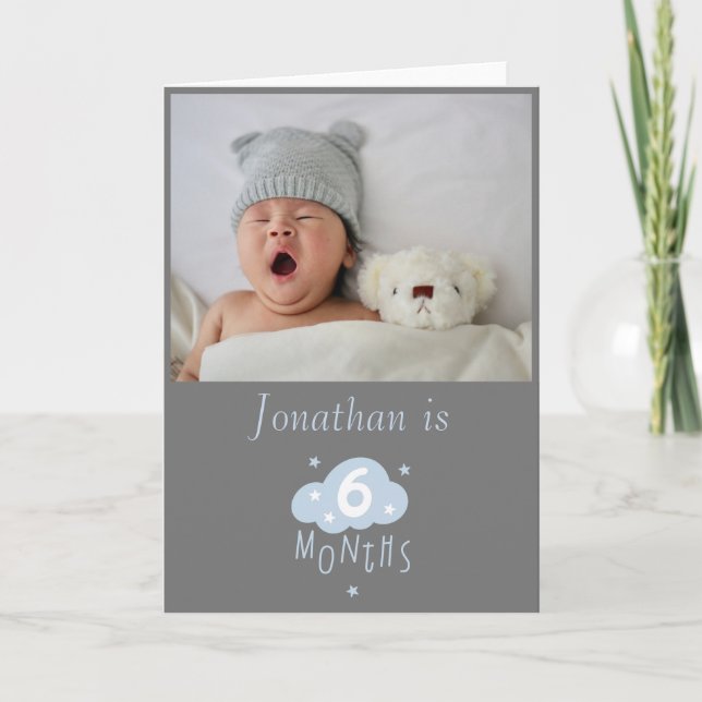 6 months old gray baby photo with cloud & stars card (Front)