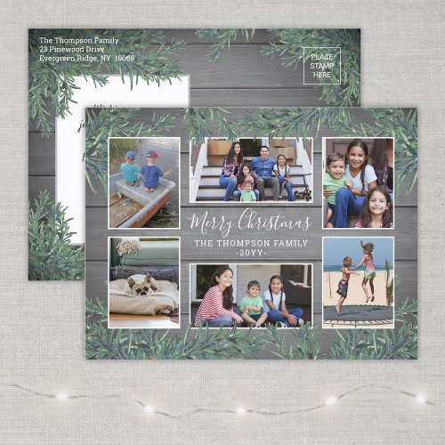 6 Photo Any Text Modern Greenery  Wood Collage Holiday Postcard