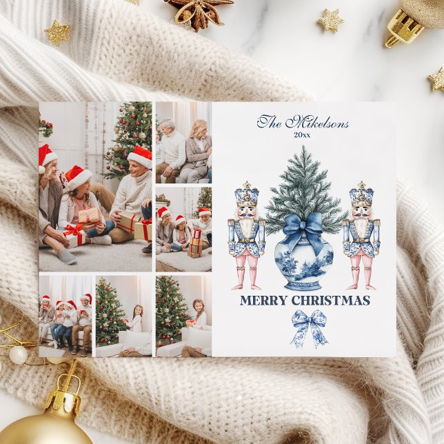 6 Photo Blue Chinoiserie Nutcracker Christmas Holiday Card (Creator Uploaded)