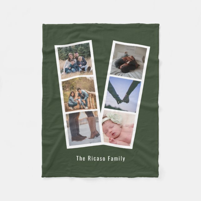 6 Photo Booth Style Personalized Army Green Fleece Blanket (Front)