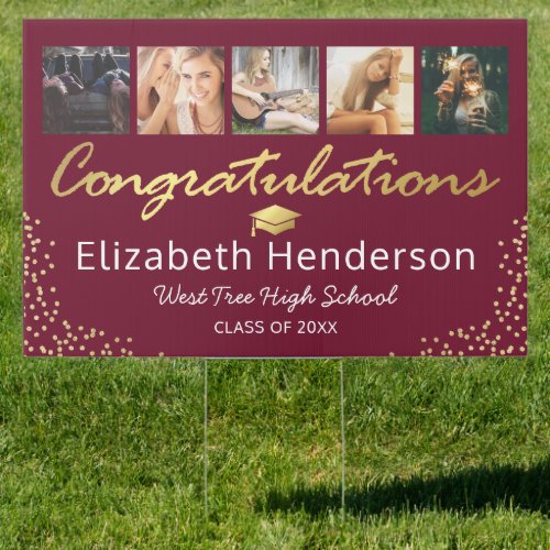 6 Photo Burgundy Gold 2022 Graduation Sign - Modern graduation announcement yard sign featuring a burgundy background that can be changed to any color, a 5 photo collage of the graduate, gold sparkly glitter, and a congratulations template that is easy to personalize. On the reverse is another picture of the student, and the words "clap, honk, wave".