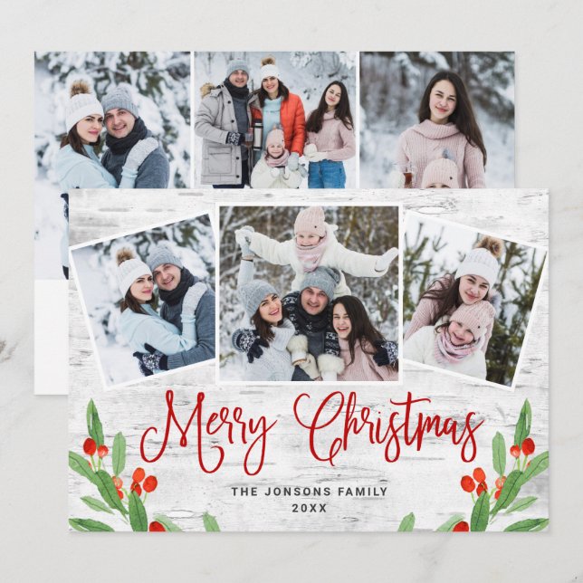 6 PHOTO Christmas Rustic Birch Bark Greeting Holiday Card (Front/Back)