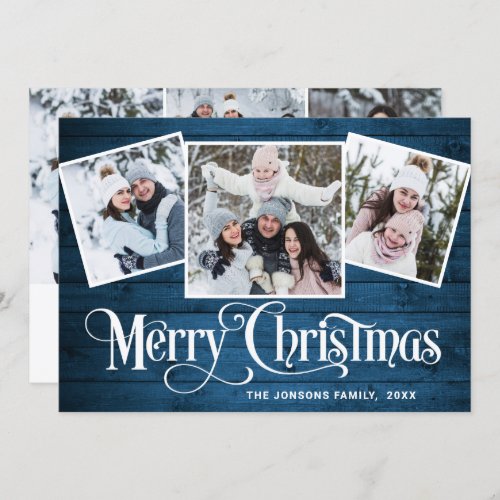 6 PHOTO Christmas Rustic Blue Wood Greeting Holiday Card