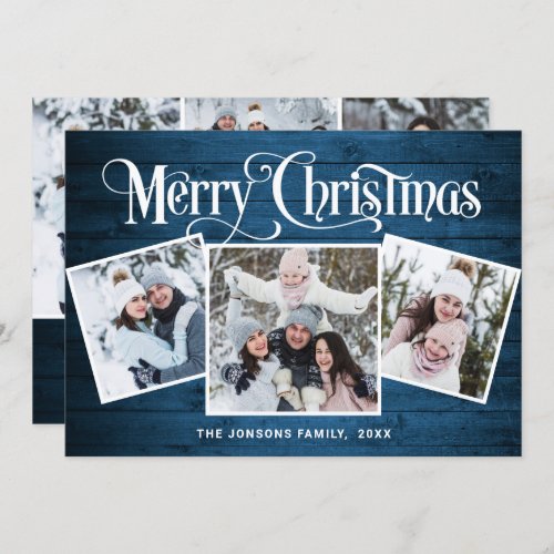 6 PHOTO Christmas Rustic Blue Wood Greeting Holiday Card