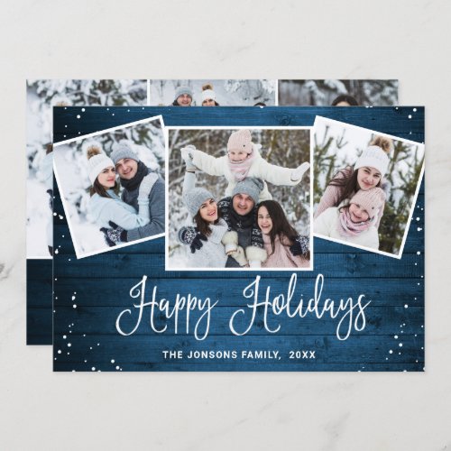 6 PHOTO Christmas Rustic Blue Wood Greeting Holiday Card