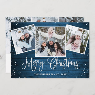6 PHOTO Christmas Rustic Blue Wood Greeting Holiday Card