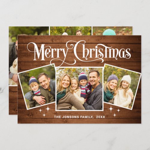 6 PHOTO Christmas Rustic Brown Wood Greeting Boho Holiday Card