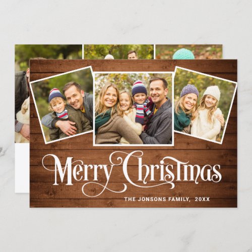 6 PHOTO Christmas Rustic Brown Wood Greeting Holiday Card