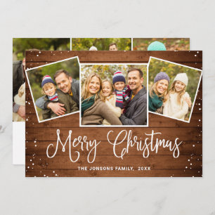 6 PHOTO Christmas Rustic Brown Wood Greeting Holiday Card