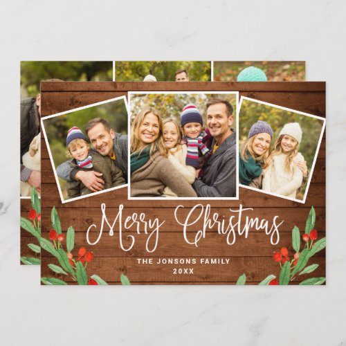 6 PHOTO Christmas Rustic Brown Wood Greeting Holiday Card