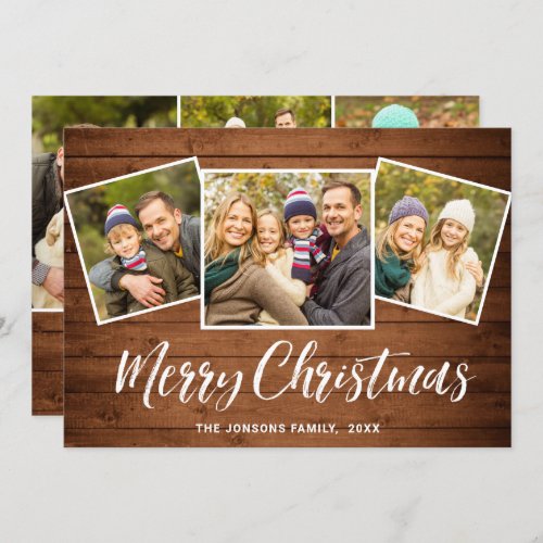 6 PHOTO Christmas Rustic Brown Wood Greeting Holiday Card