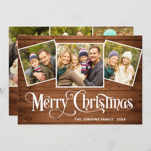 6 PHOTO Christmas Rustic Brown Wood Greeting Holiday Card