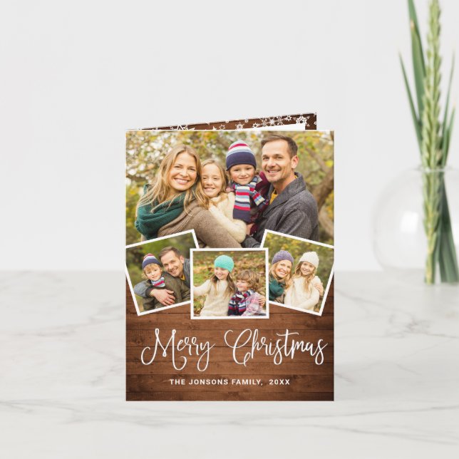 6 PHOTO Christmas Rustic Wood Greeting Holiday Card (Front)