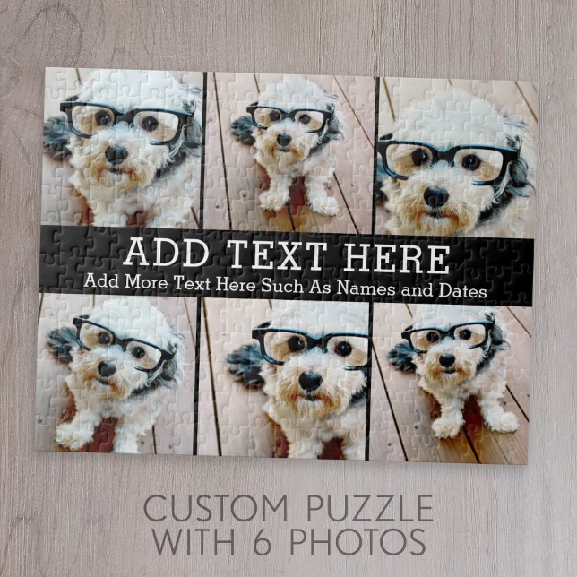 6 Photo Collage 2 Lines of Text -- CAN Edit Black Jigsaw Puzzle (6 Photo Personalized Jigsaw Puzzle)