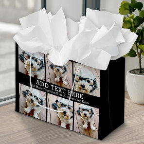 6 Photo Collage 2 Lines of Text -- CAN Edit Black Large Gift Bag