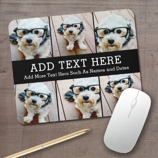 6 Photo Collage 2 Lines of Text -- CAN Edit Black Mouse Pad