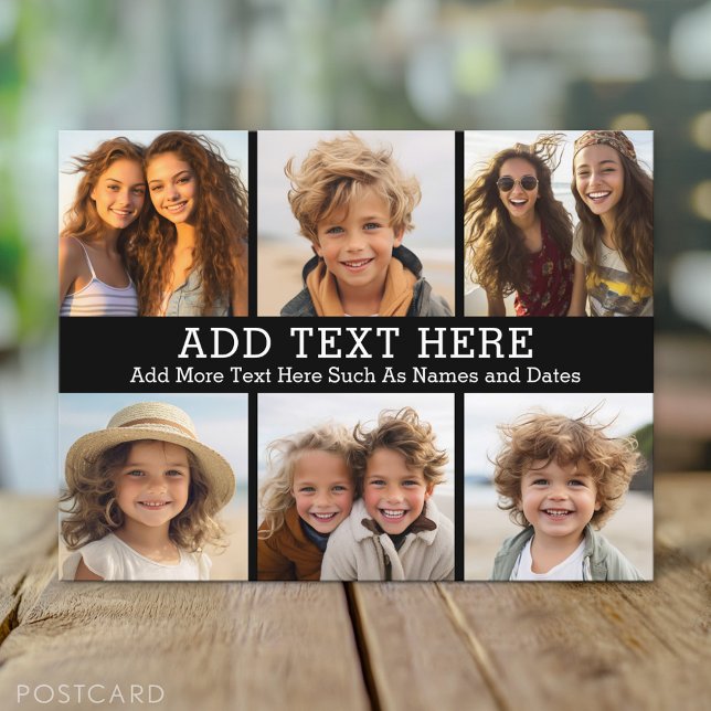 6 Photo Collage 2 Lines of Text -- CAN Edit Black Postcard (Custom Personalized Photo Collage Postcard)