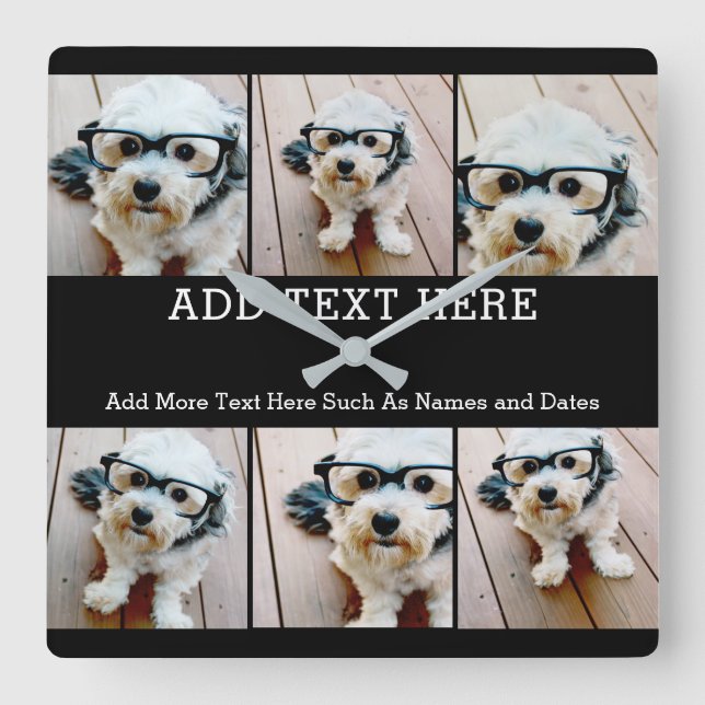 6 Photo Collage 2 Lines of Text -- CAN Edit Black Square Wall Clock (Front)