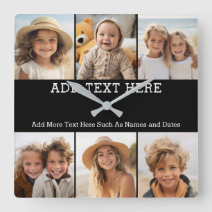 6 Photo Collage 2 Lines of Text -- CAN Edit Black Square Wall Clock