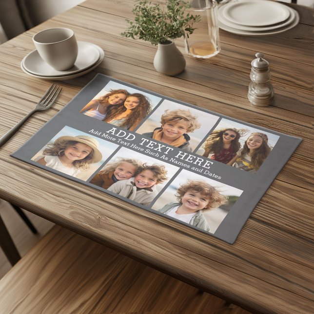 6 Photo Collage 2 Lines of Text -- Grey Cloth Placemat (Custom Cloth Place met with Photo Collage)