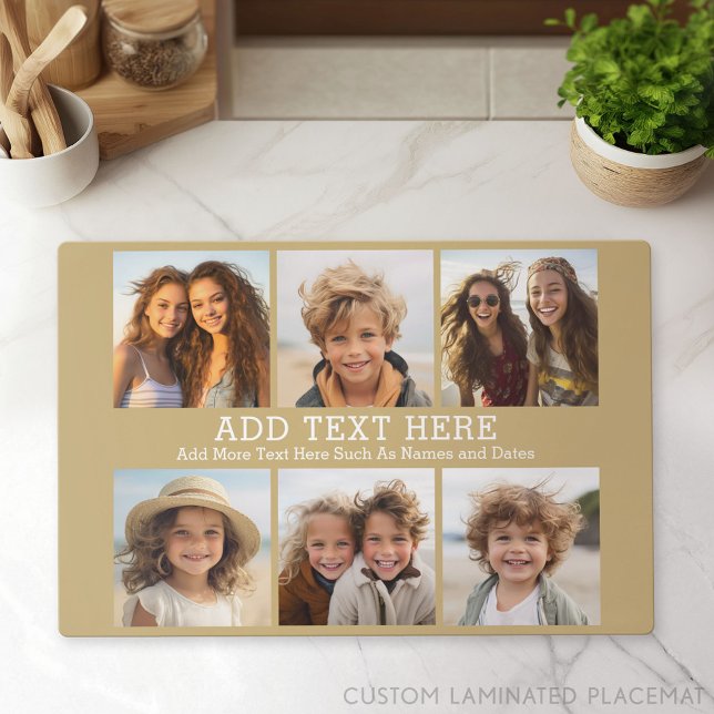 6 Photo Collage 2 Lines of Text -- Pastel Gold Placemat (Custom Placemat with Photo Collage)