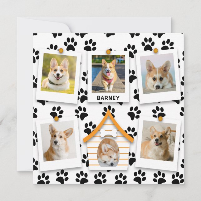 6 Photo Collage Add Name Dog House Paw Prints Card (Front)