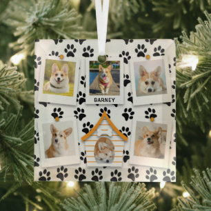6 Photo Collage Add Name Dog House Paw Prints Glass Ornament
