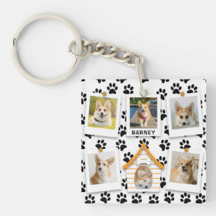 6 Photo Collage Add Name Dog House Paw Prints Keychain