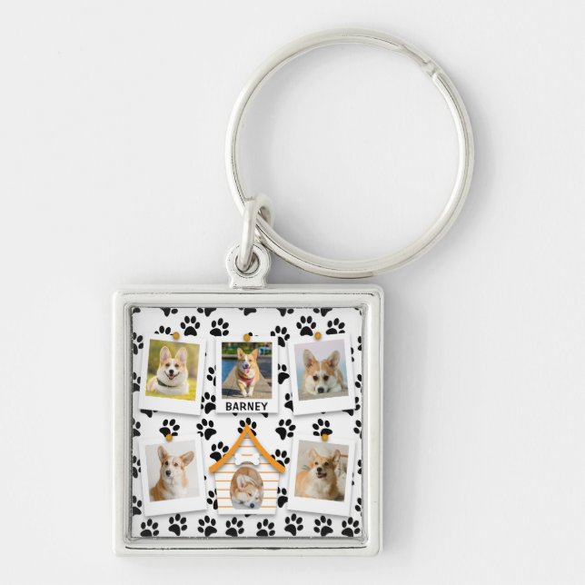 6 Photo Collage Add Name Dog House Paw Prints  Keychain (Front)