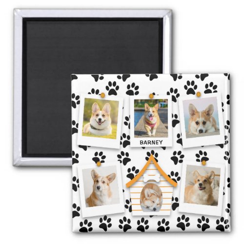 6 Photo Collage Add Name Dog House Paw Prints   Magnet
