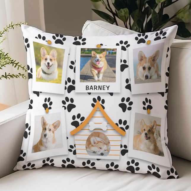 6 Photo Collage Add Name Dog House Paw Prints  Throw Pillow (6 Photo Collage, Add Your Dog Name, Doghouse and Paw Prints Pillow)