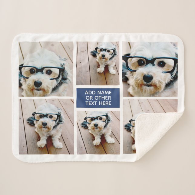 6 Photo Collage and Up to 3 Lines of Text - blue Sherpa Blanket (Front (Horizontal))