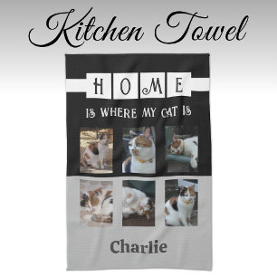 6 photo collage animal lover black grey kitchen towel