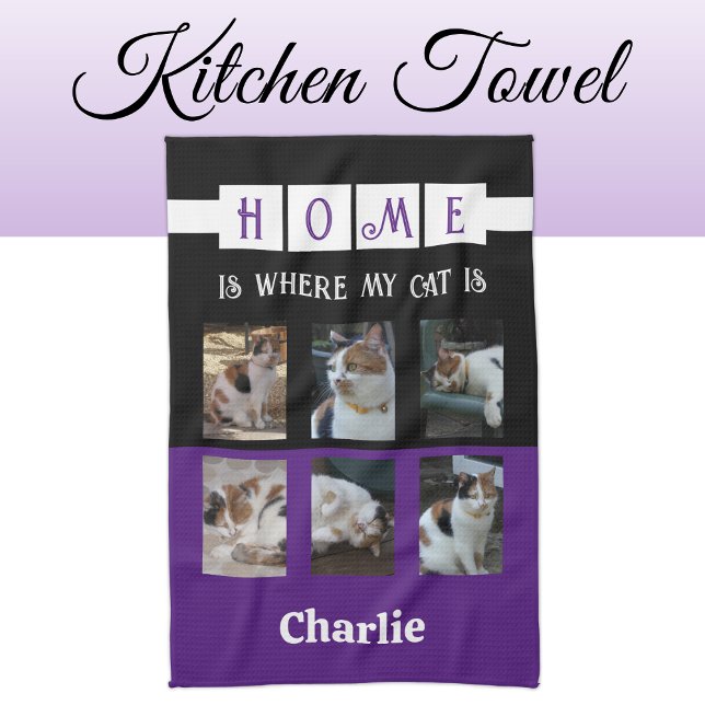 6 photo collage animal lover black purple kitchen towel (Creator Uploaded)