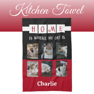 6 photo collage animal lover black red kitchen towel