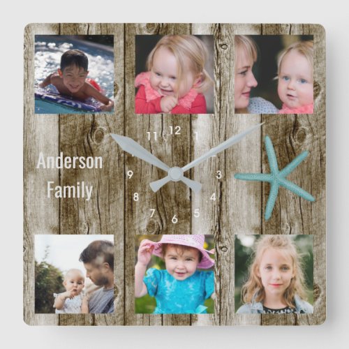 6 Photo Collage Beach Plank Square Wall Clock