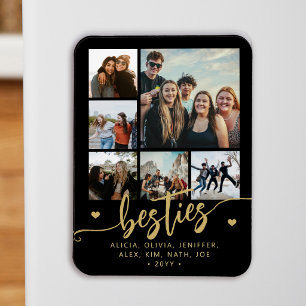 6 photo collage besties black and gold script magnet