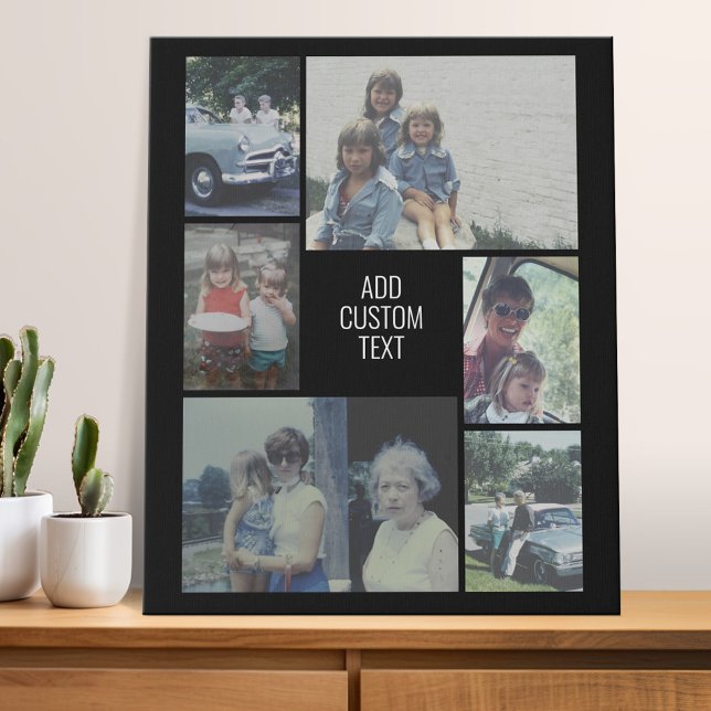 6 photo collage - black background - white text faux canvas print (Custom Photo collage - wall art with your photos)