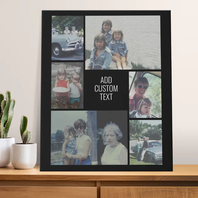 6 photo collage - black background - white text faux canvas print | Zazzle