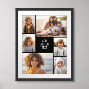 6 photo collage - black background - white text framed art